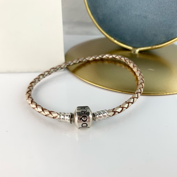 Pandora Woven Champagne Leather Bracelet Size 7.1" - Picture 5 of 8
